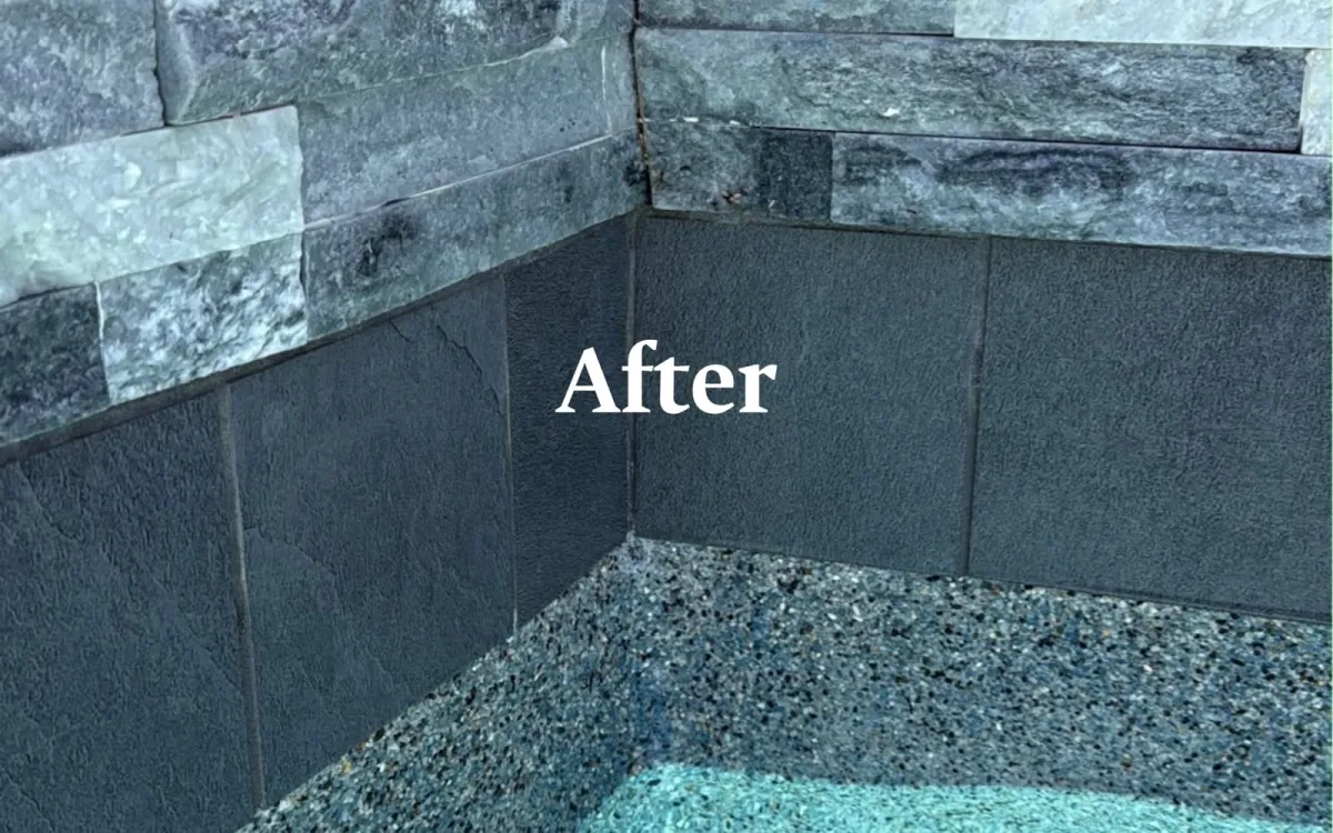 Textured spa tile and stonework after scale removal in Huntington Beach, CA